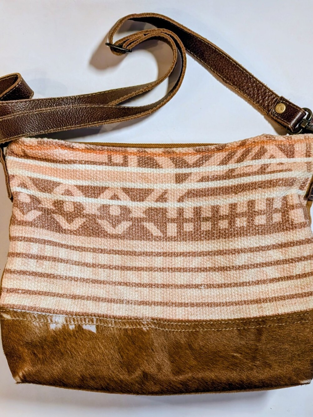 Myra Western Bag. Canvas Aztec Print. Cowhide Trim Leather Shoulder Straps